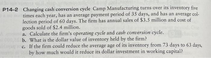  14-2 Changing cash conversion cycle Camp Manufacturing turns over its inventory