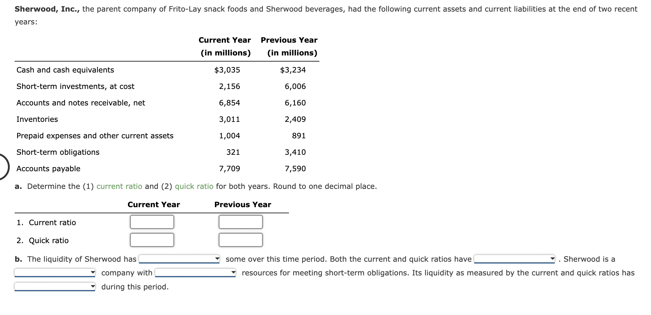  a. Determine the (1) current ratio and (2) quick ratio for