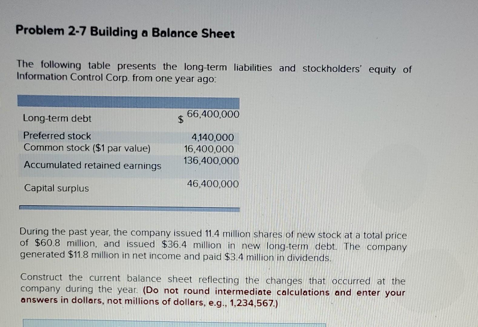  finance Problem 2-7 Building a Balance Sheet The following table presents