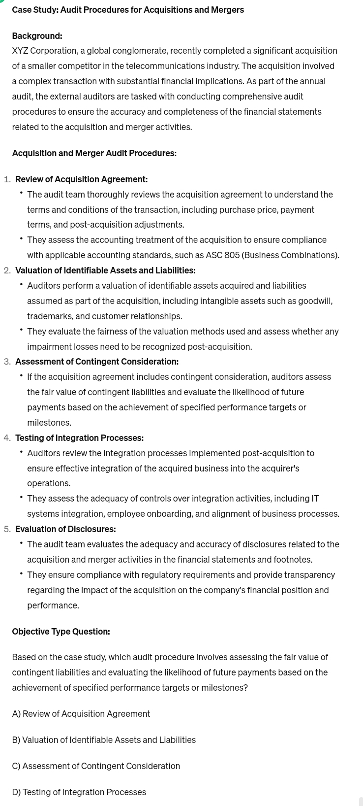  Case Study: Audit Procedures for Acquisitions and Mergers Background: XYZ Corporation,