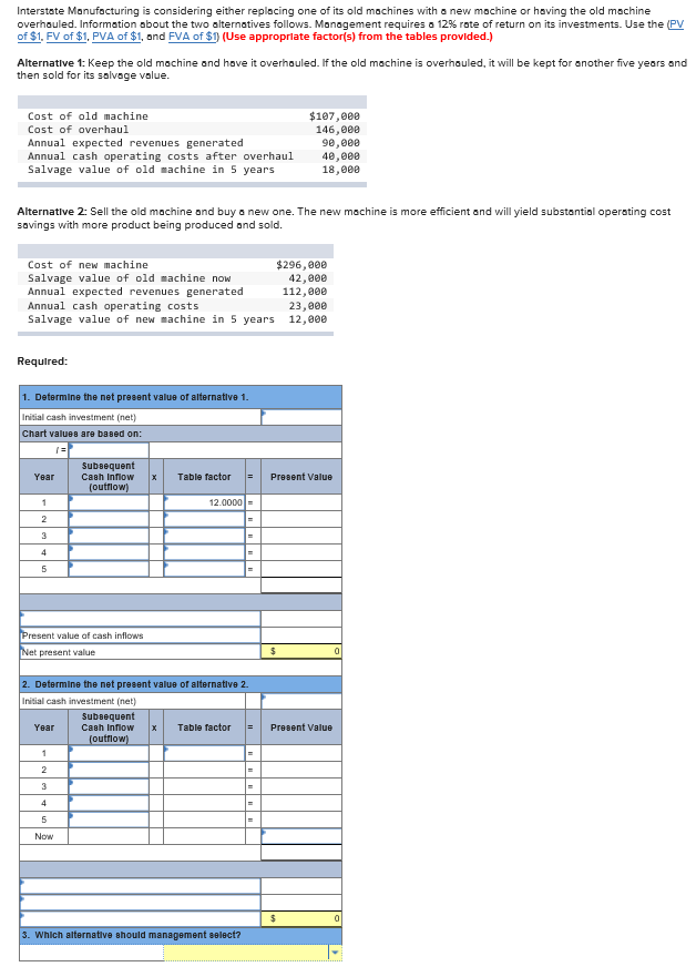 Interstate Manufacturing is considering either replacing one of its old machines with