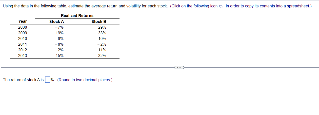  Using the data in the following table, estimate the average return