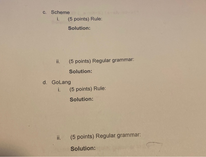 in the following programming languages and write down the regular grammar for