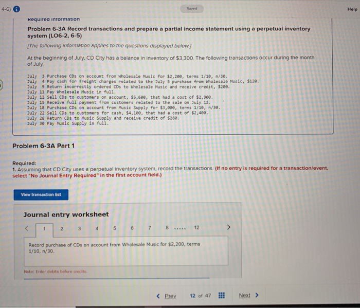  4-6) Saved Help Requirea information Problem 6-3A Record transactions and prepare