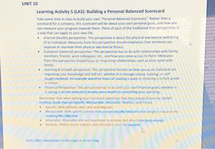  UNIT 10 Learning Activity 5 (LAS): Building a Personal Balanced Scorecard
