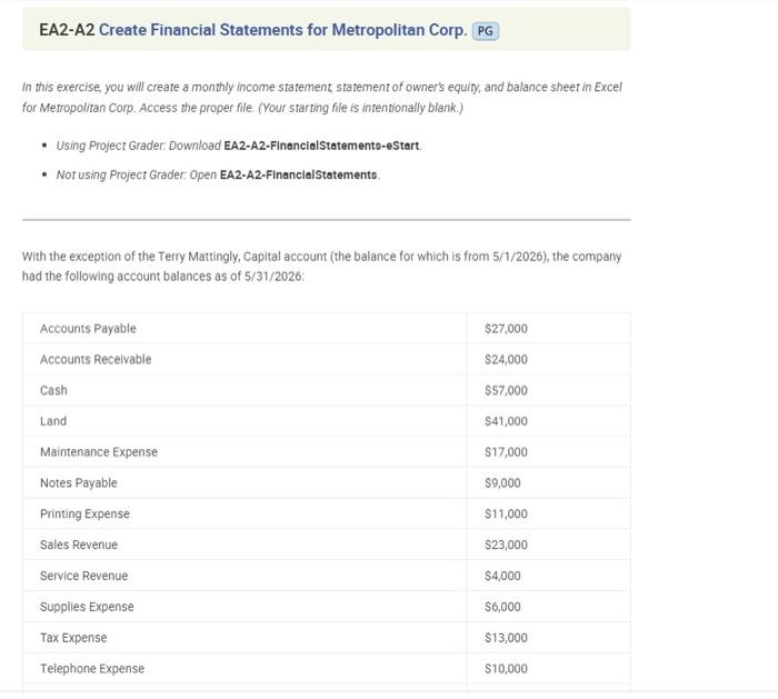 To complete this exercise, download the starting exercise file named EA2_A2_FinancialStatements-eStart that