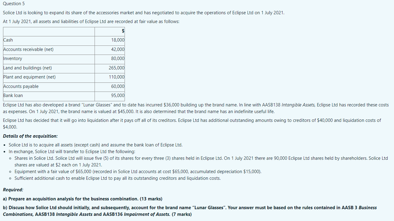  Question 5 Solice Ltd is looking to expand its share of