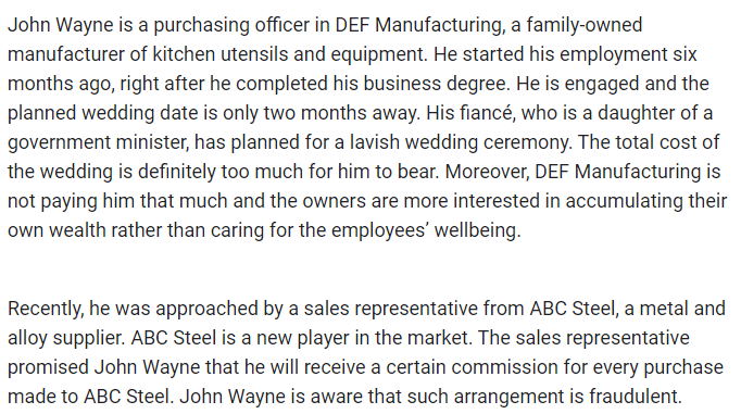 John Wayne is a purchasing officer in DEF Manufacturing, a family-owned