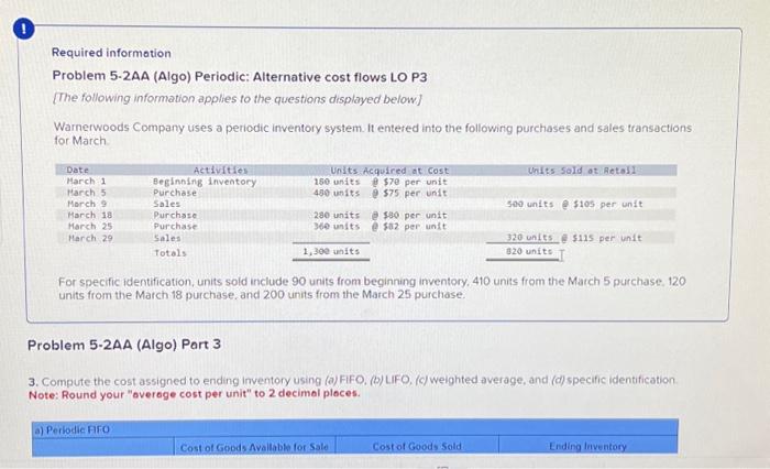  Required information Problem 5-2AA (Algo) Periodic: Alternative cost flows LO P3