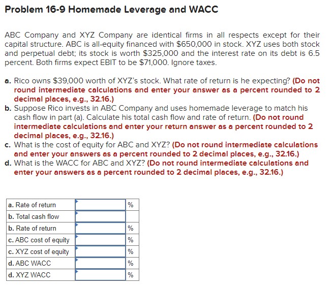  Problem 16.9 Homemade Leverage and WACC ABC Company and XYZ Company