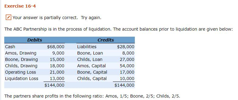 Exercise 16-4 Your answer is partially correct. Try again. The ABC