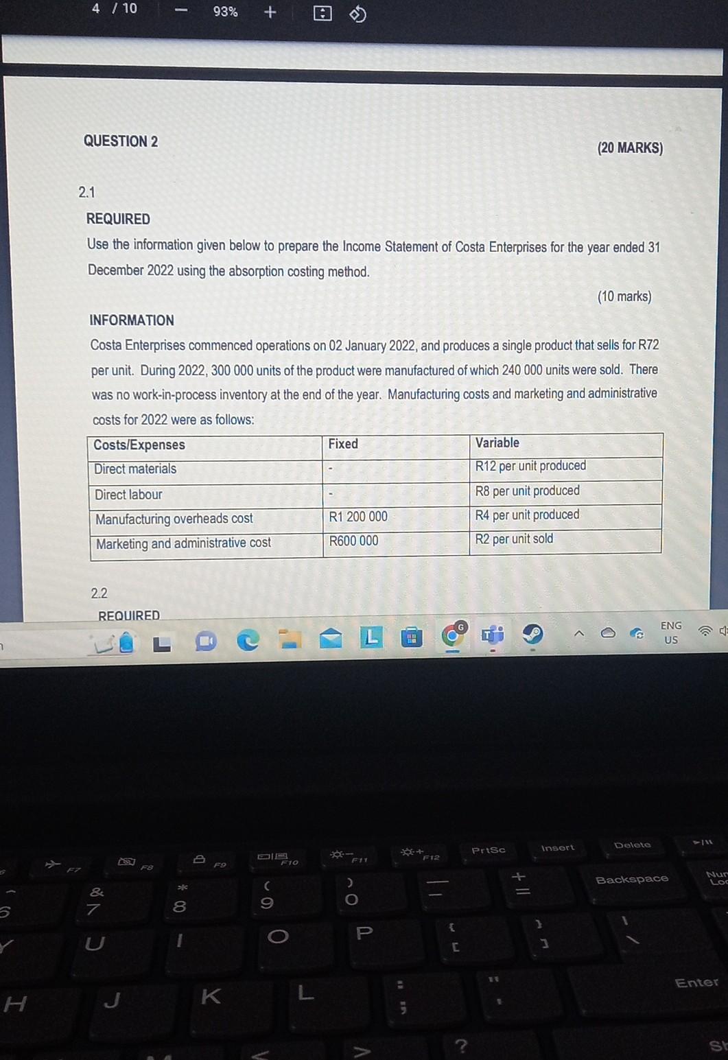 2.1 REQUIRED Use the information given below to prepare the Income