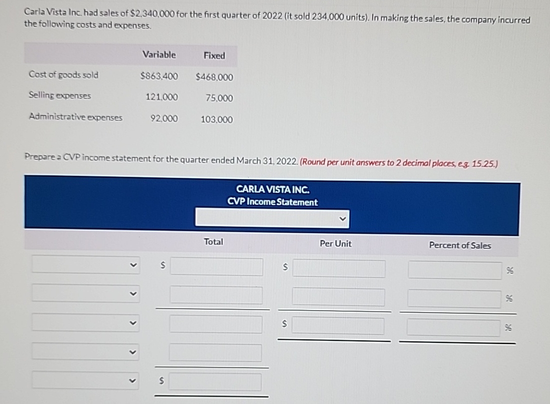  Carla Vista Inc. had sales of $2.340,000 for the first quarter