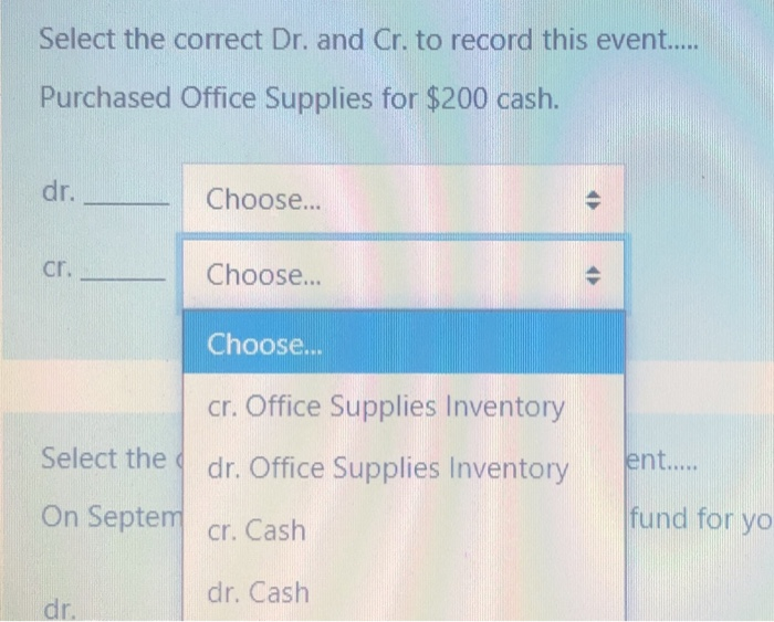  Select the correct Dr. and Cr. to record this event..... Purchased