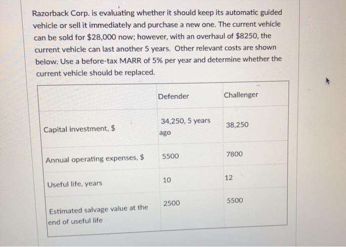  Razorback Corp. is evaluating whether it should keep its automatic guided