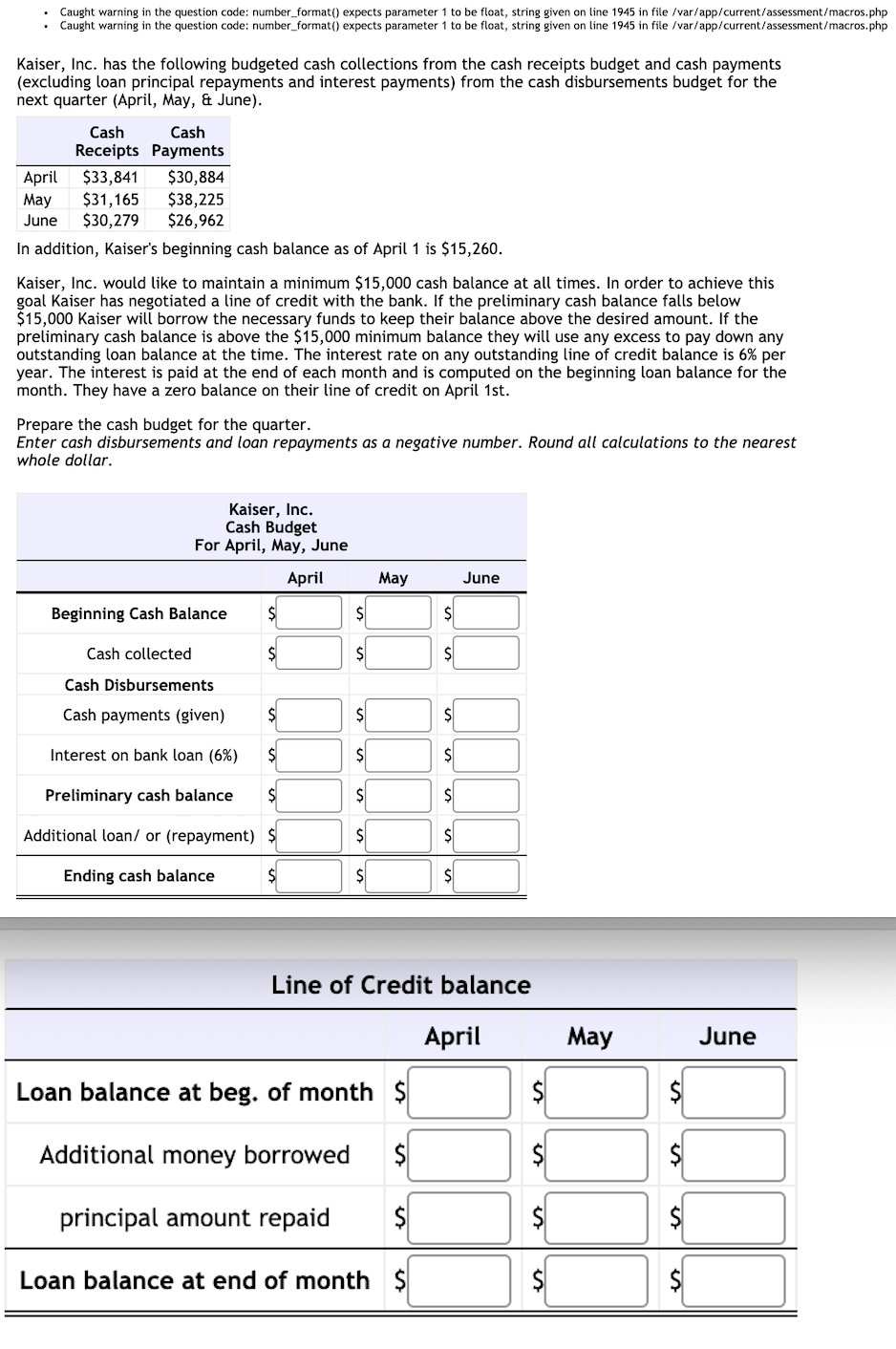 Caught warning in the question code: number_format() expects parameter 1 to