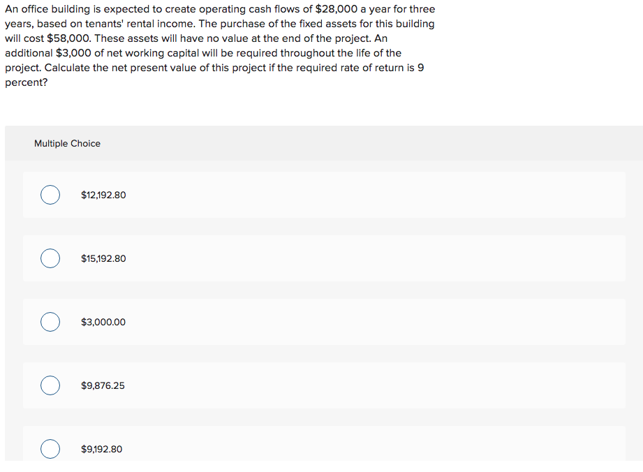  An office building is expected to create operating cash flows of