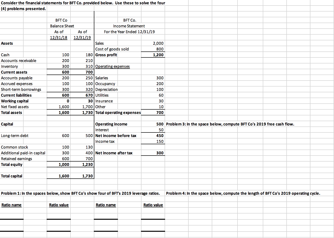  Consider the financial statements for BFT Co. provided below. Use these