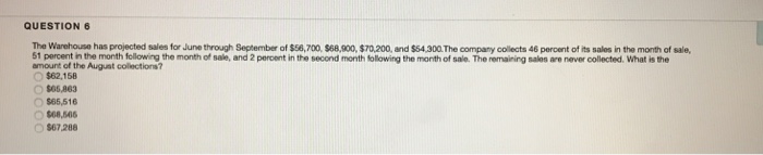  QUESTION 6 The Warehouse has projected sales for June through September