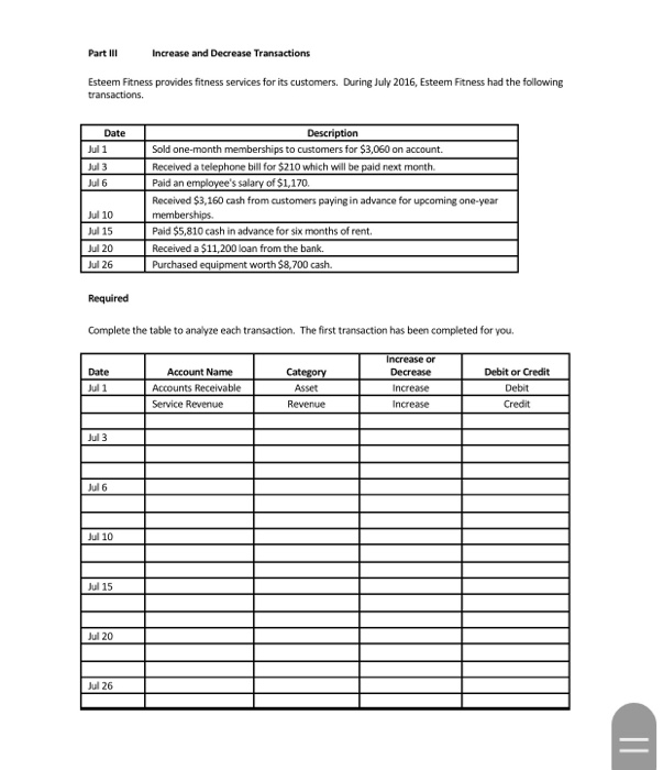  Part III Increase and Decrease Transactions Esteem Fitness provides fitness services