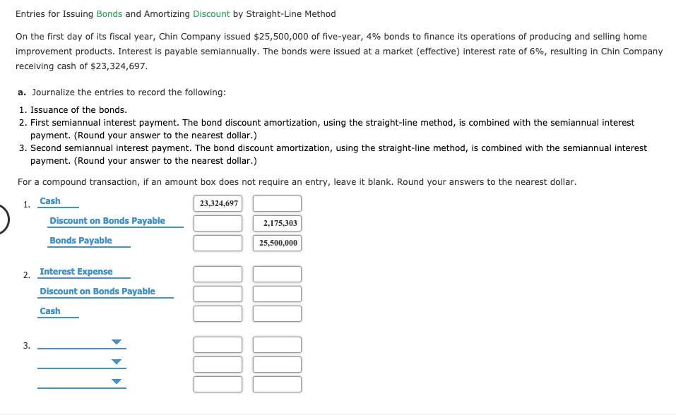 Entries for Issuing Bonds and Amortizing Discount by Straight-Line Method On