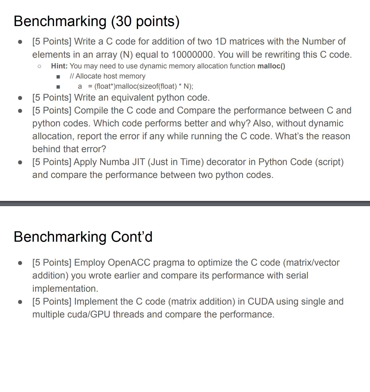  Benchmarking (30 points) [5 Points] Write a C code for addition