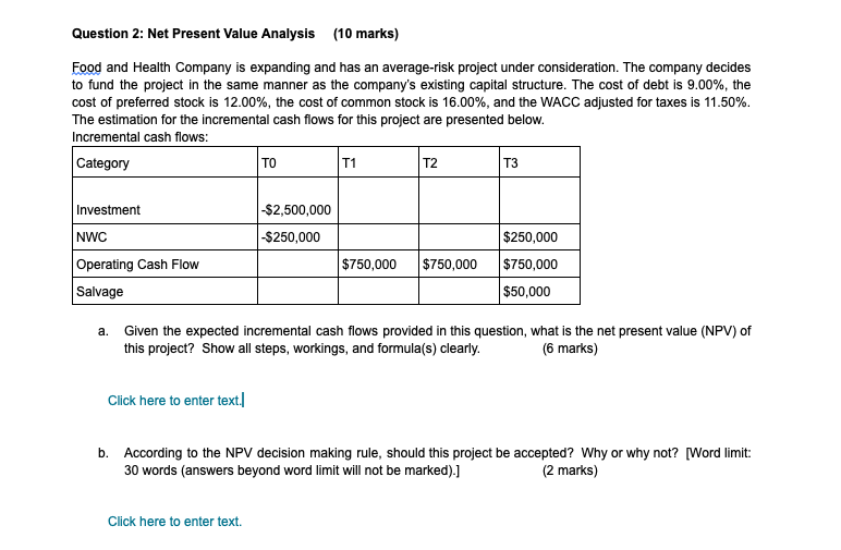  Question 2: Net Present Value Analysis (10 marks) Food and Health