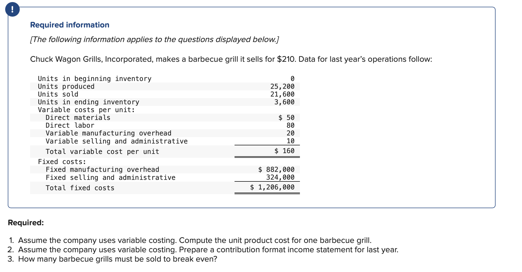  1. Assume the company uses variable costing. Compute the unit product