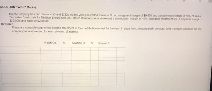  QUESTION TWO (7 Marks) Hatch Company has two divisions. O and