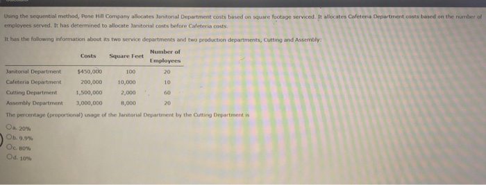  square footage Using the sequential method, Pone Hill Company allocates Janitorial