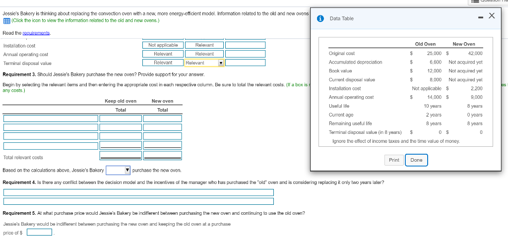 relevant or irrelevant correctly. Jessie's Bakery is thirnking about replacing the convection