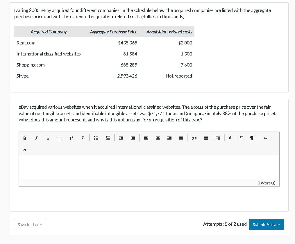  During 2005, eBay acquired four different companies. In the schedule below,