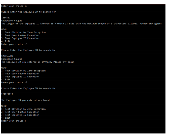 menu items as follow: Division by Zero Exception User created custom Exception