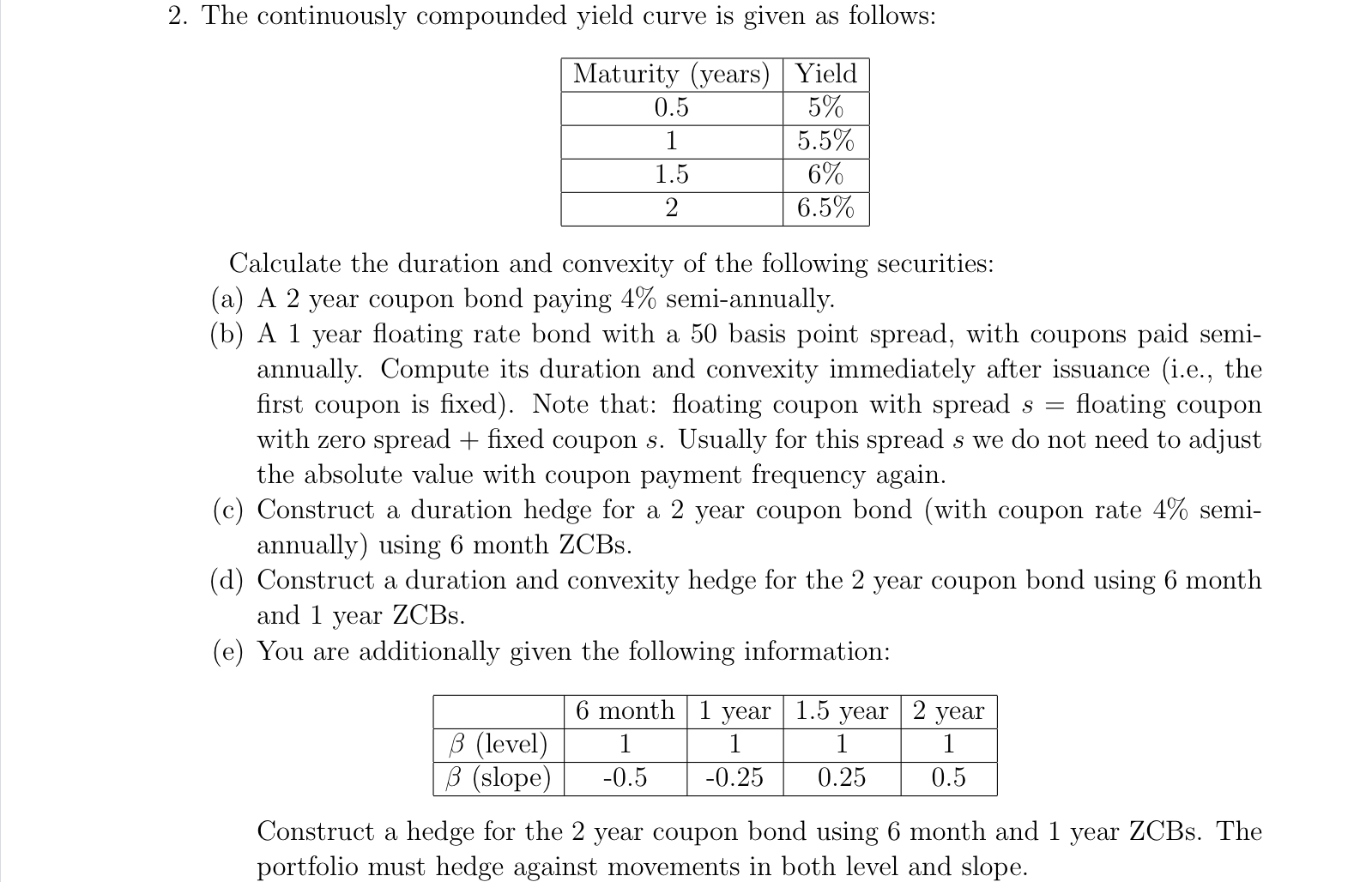  The continuously compounded yield curve is given as follows: \table[[Maturity (years),Yield],[0.5,5%