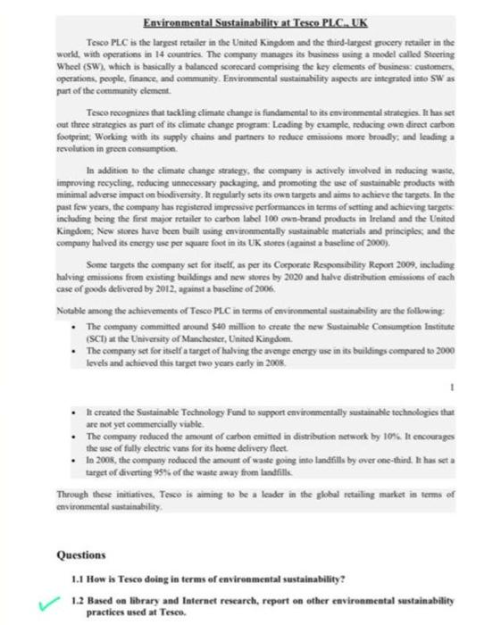 please solve the second question Envirenmental Sustainability at Tesee PLC. UK Tesco