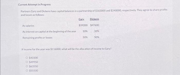  Current Attempt in Progress Partners Gary and Dickens have capital balances