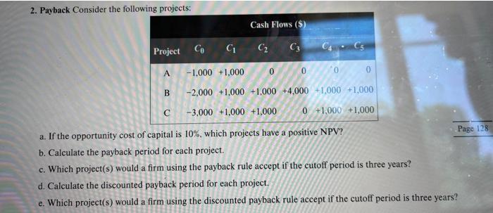 show steps please 2. Payback Consider the following projects: a. If the