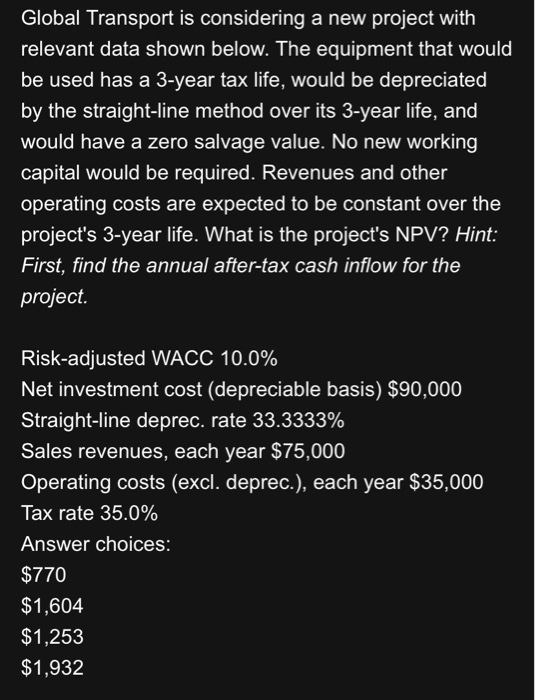 project that has the following cash flow and weighted average cost of