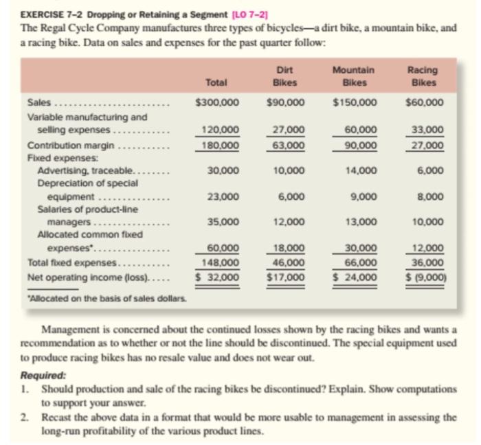  EXERCISE 7-2 Dropping or Retaining a Segment [LO 7-2] The Regal
