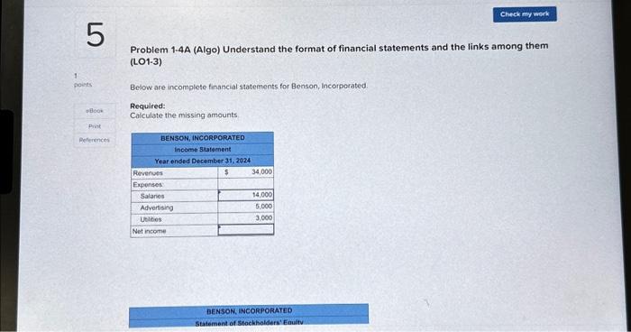  please help me find the missing amounts Problem 1-4A (Algo) Understand