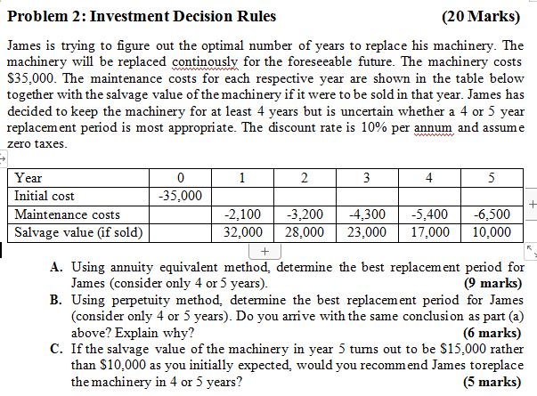 Problem 2: Investment Decision Rules (20 Marks) James is trying to figure