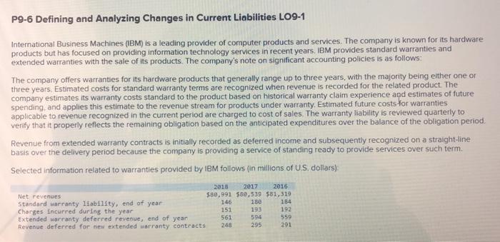 P9-6 Defining and Analyzinf Changes in Current Liabilities LO9-1 Please answer all
