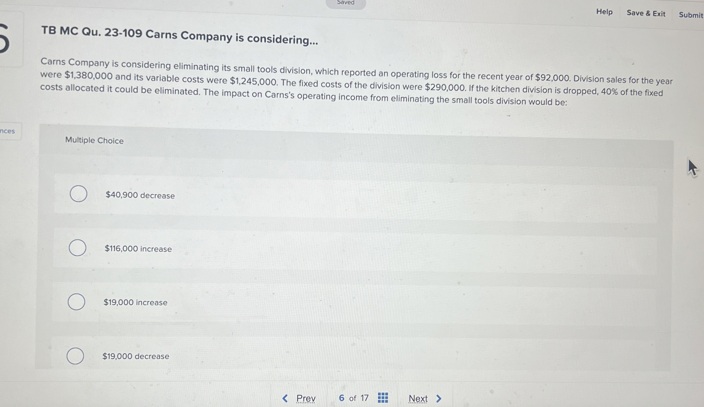  Saved TB MC Qu.23-109 Carns Company is considering... Help Save &