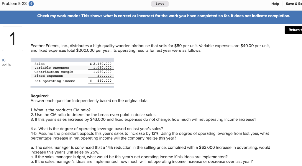  Problem 5-23 i Save & Exc Saved Help Check my work