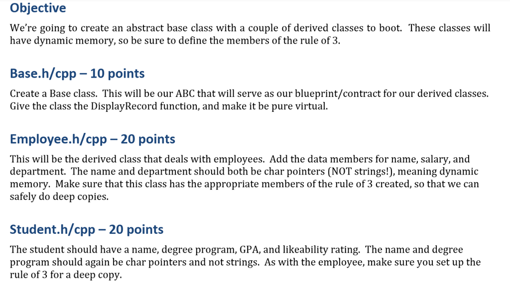 C++ language C++ language Objective We're going to create an abstract base