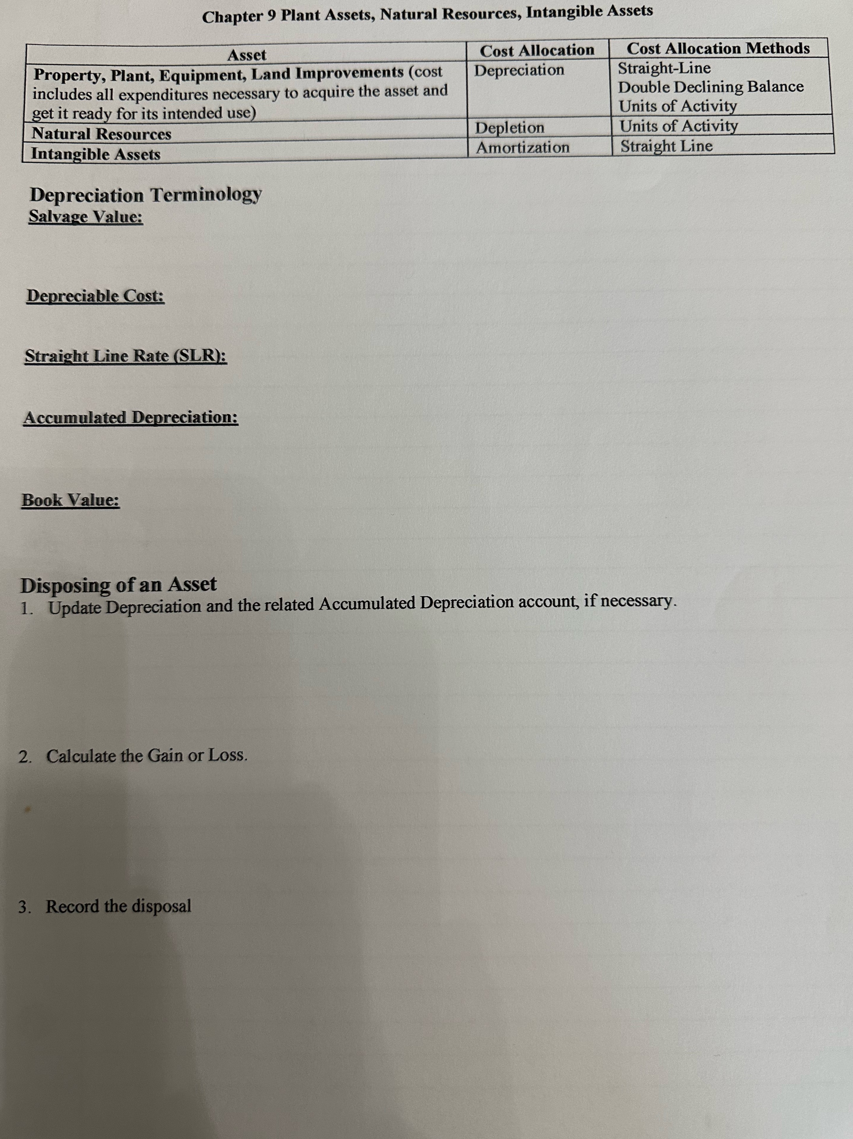  Chapter 9 Plant Assets, Natural Resources, Intangible Assets \table[[Asset,Cost Allocation,Cost Allocation