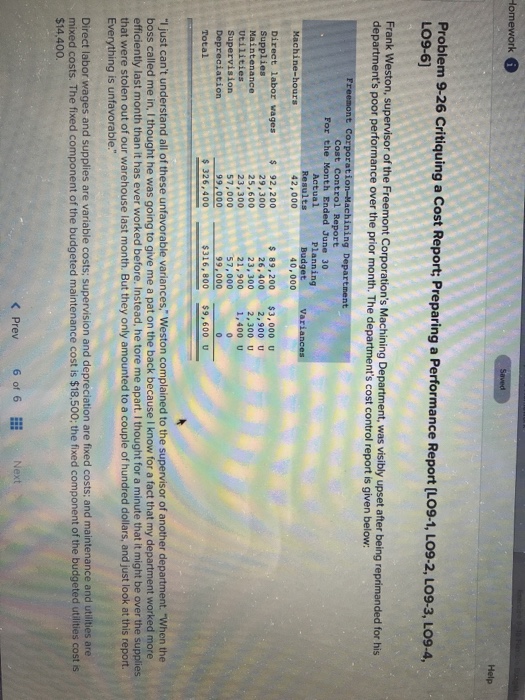  Help Problem 9-26 Critiquing a Cost Report; Preparing a Performance Report