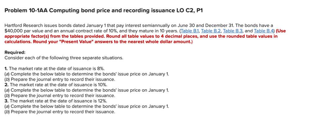  Problem 10-1AA Computing bond price and recording issuance LO C2, P1