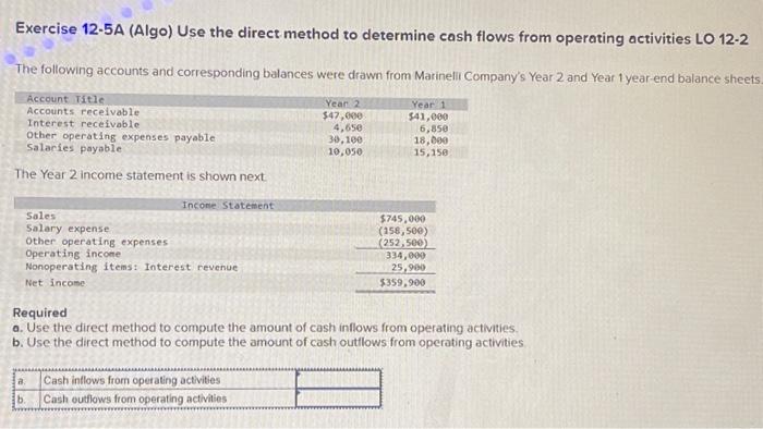  Exercise 12-5A (Algo) Use the direct method to determine cash flows