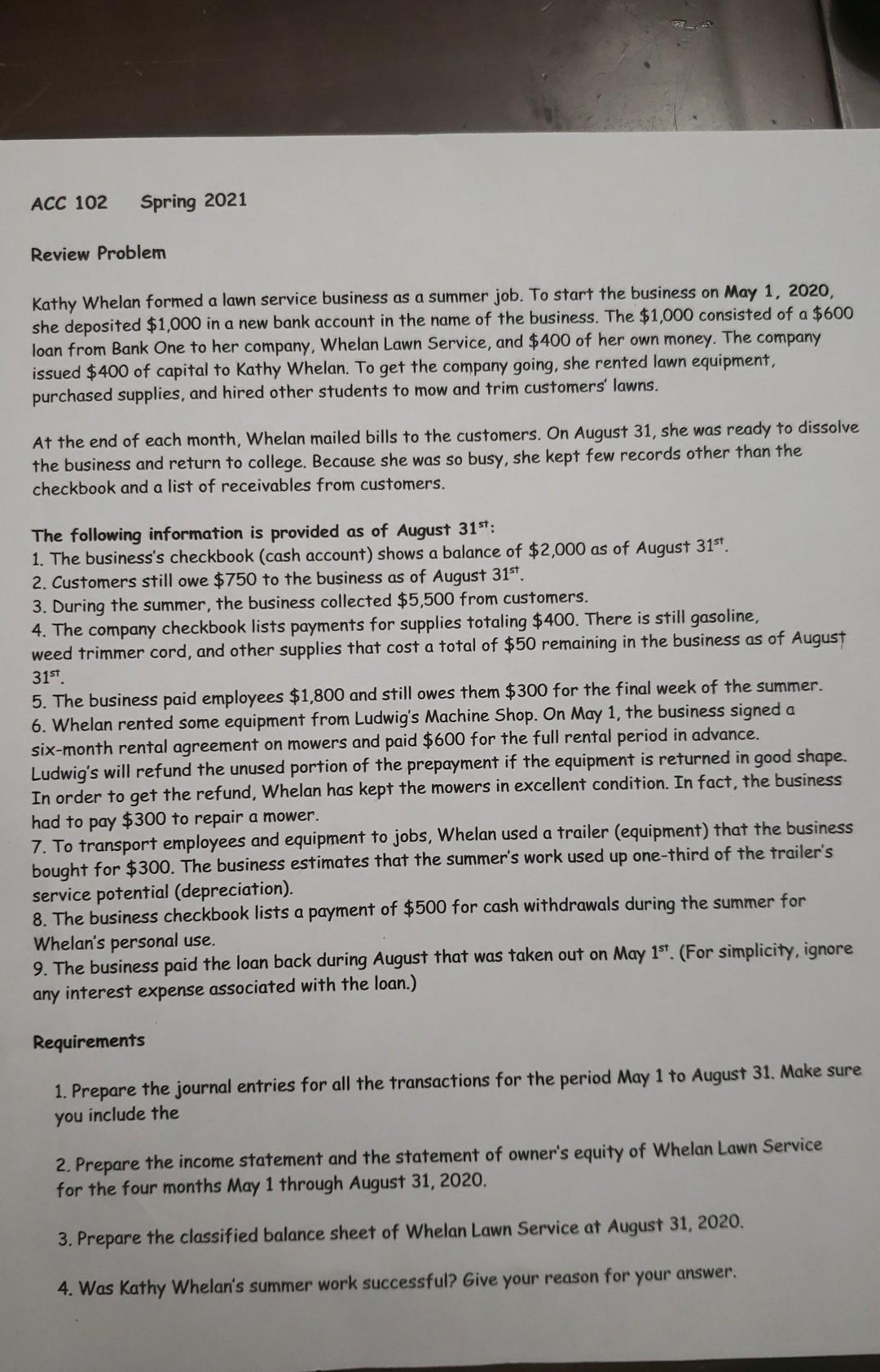 help solve this ACC 102 Spring 2021 Review Problem Kathy Whelan